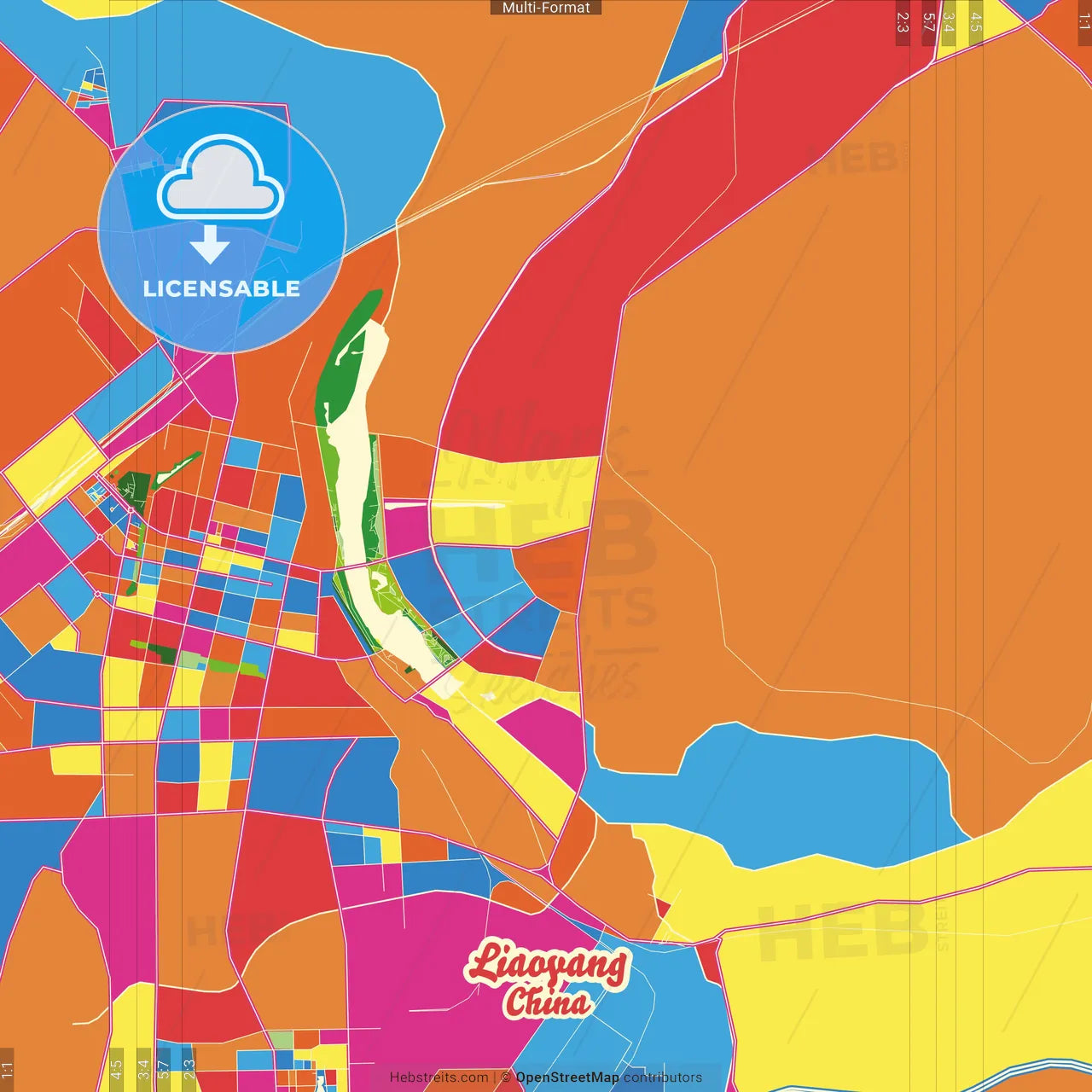 Liaoyang, Liaoning, China Crazy Colorful Street Map Poster Template