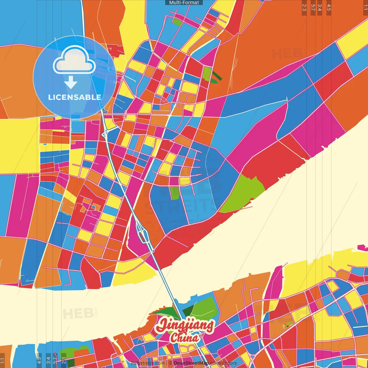 Jingjiang, Jiangsu, China Crazy Colorful Street Map Poster Template