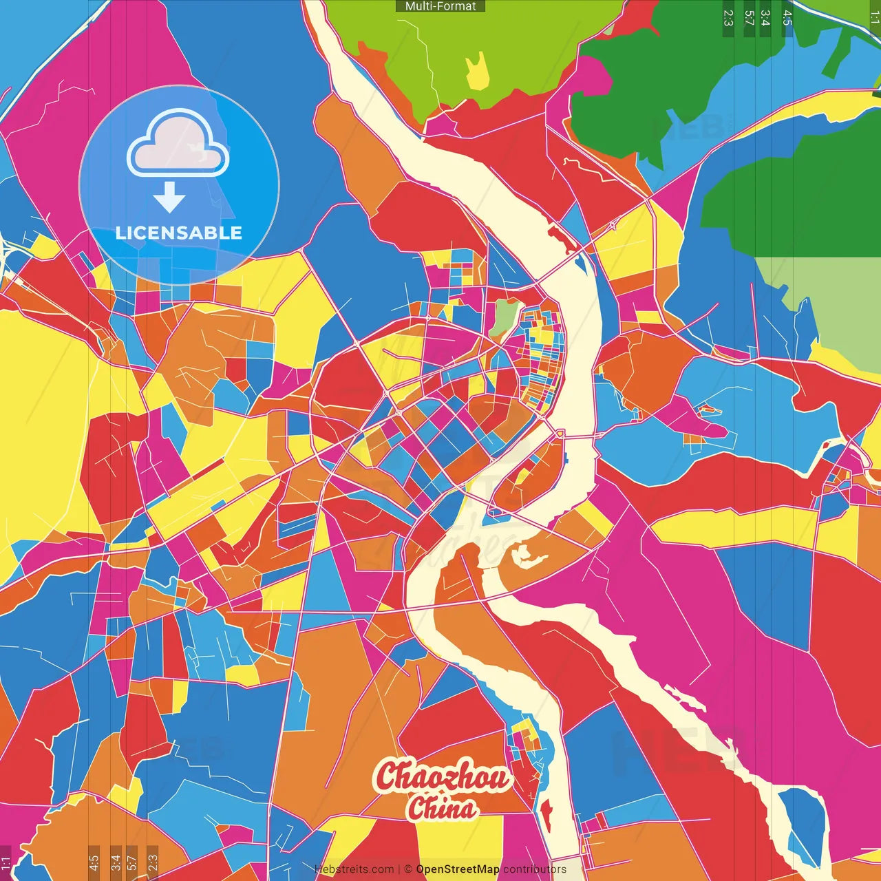 Chaozhou, Guangdong, China Crazy Colorful Street Map Poster Template