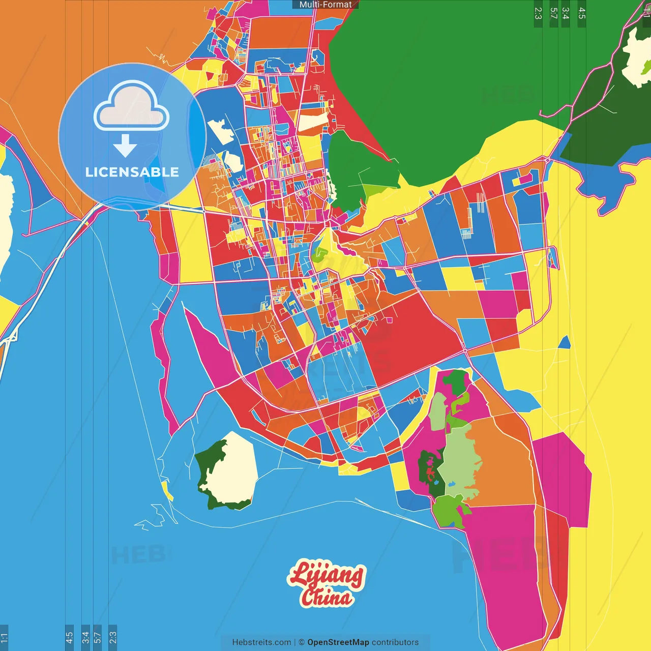 Lijiang, Yunnan, China Crazy Colorful Street Map Poster Template
