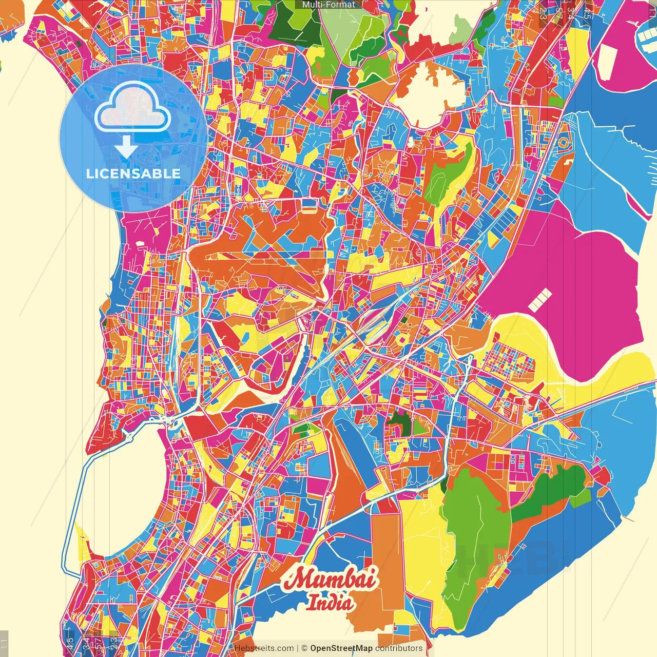 Mumbai, Maharashtra, India Crazy Colorful Street Map Poster Template