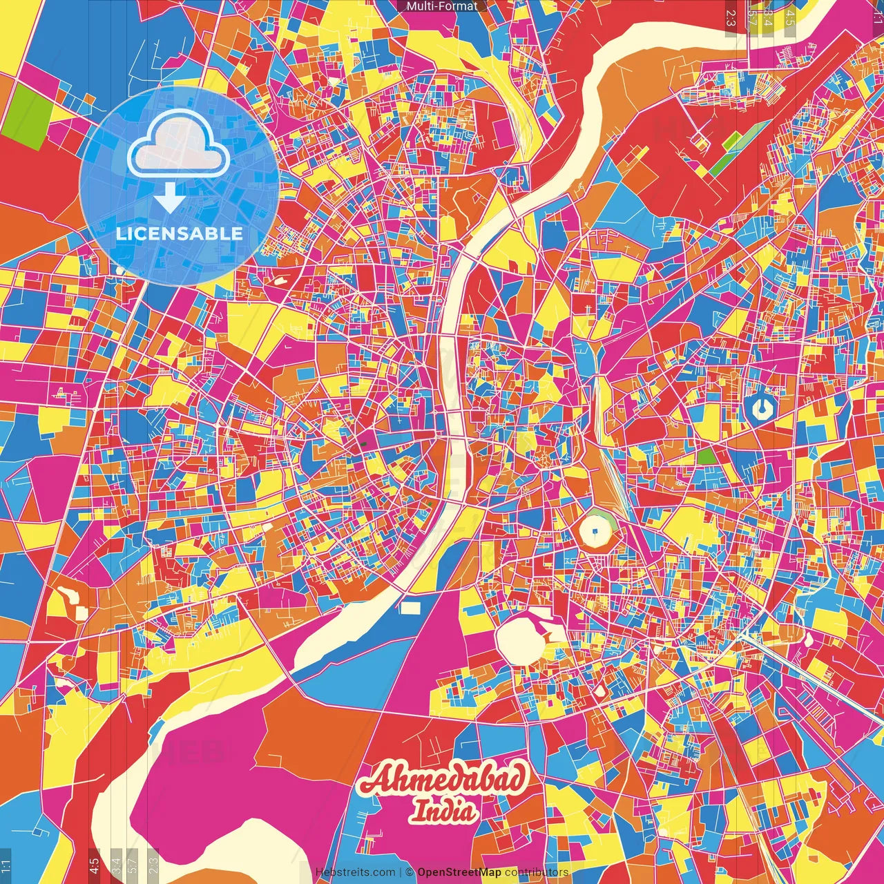 Ahmedabad, Gujarat, India Crazy Colorful Street Map Poster Template
