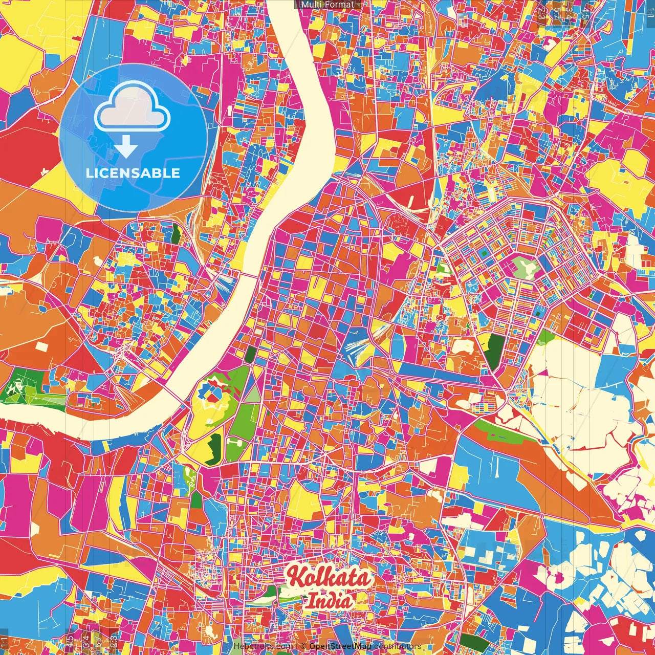 Kolkata, West Bengal, India Crazy Colorful Street Map Poster Template