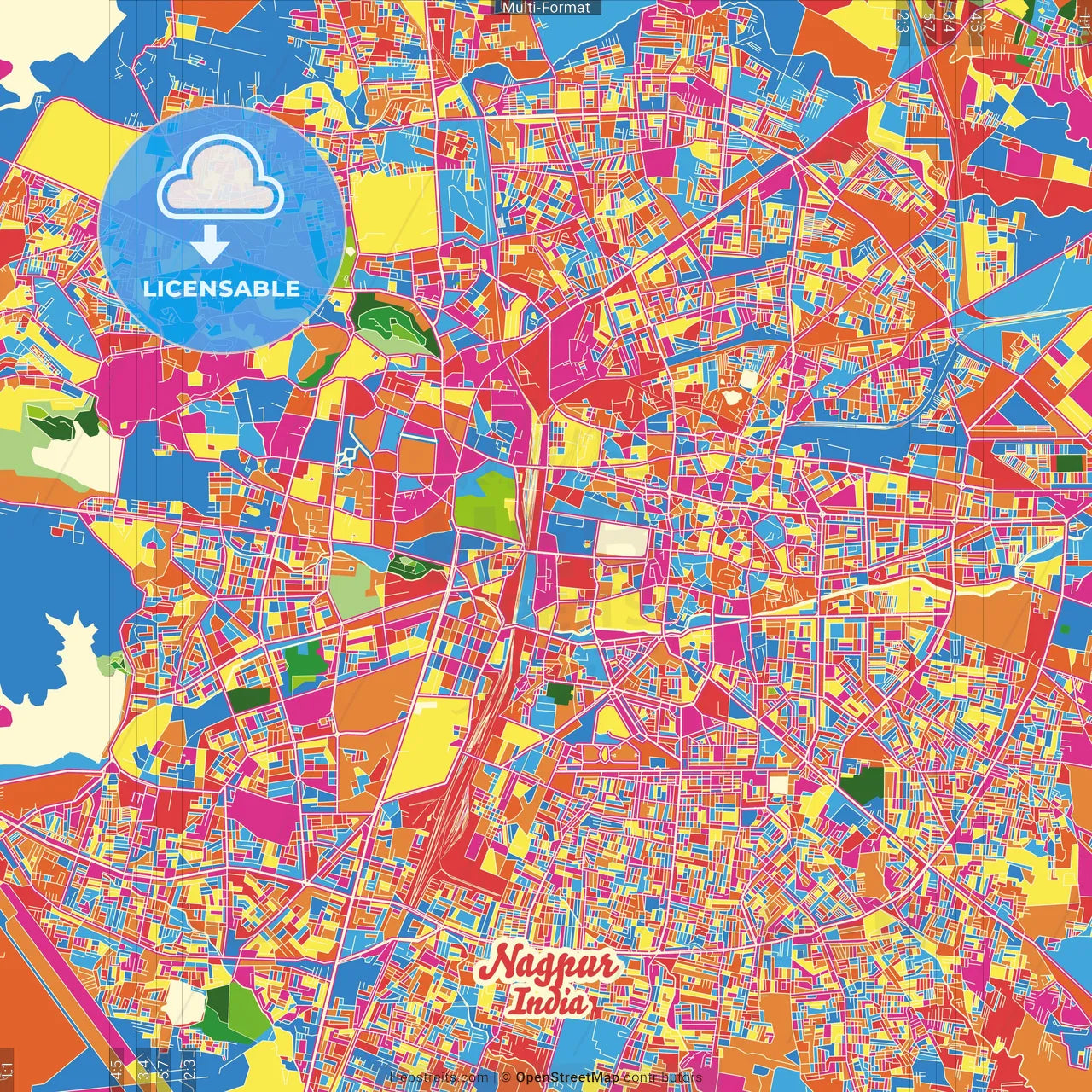 Nagpur, Maharashtra, India Crazy Colorful Street Map Poster Template