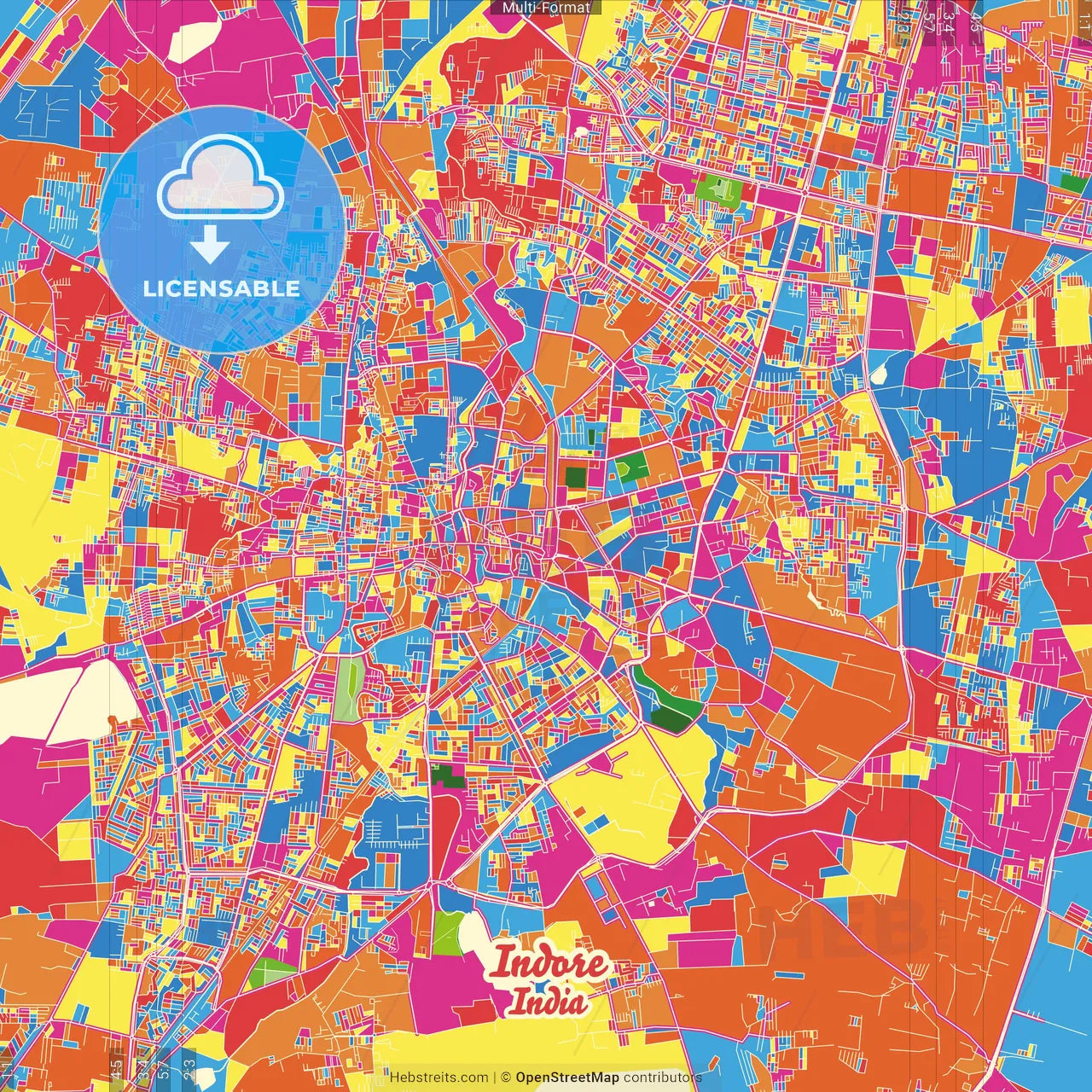 Indore, Madhya Pradesh, India Crazy Colorful Street Map Poster Template