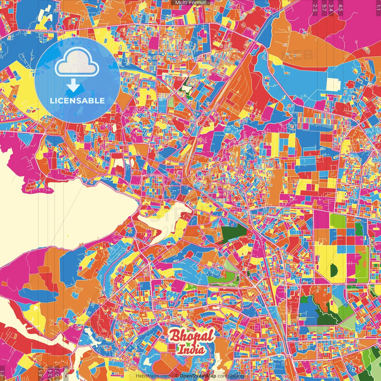 Bhopal, Madhya Pradesh, India Crazy Colorful Street Map Poster Template