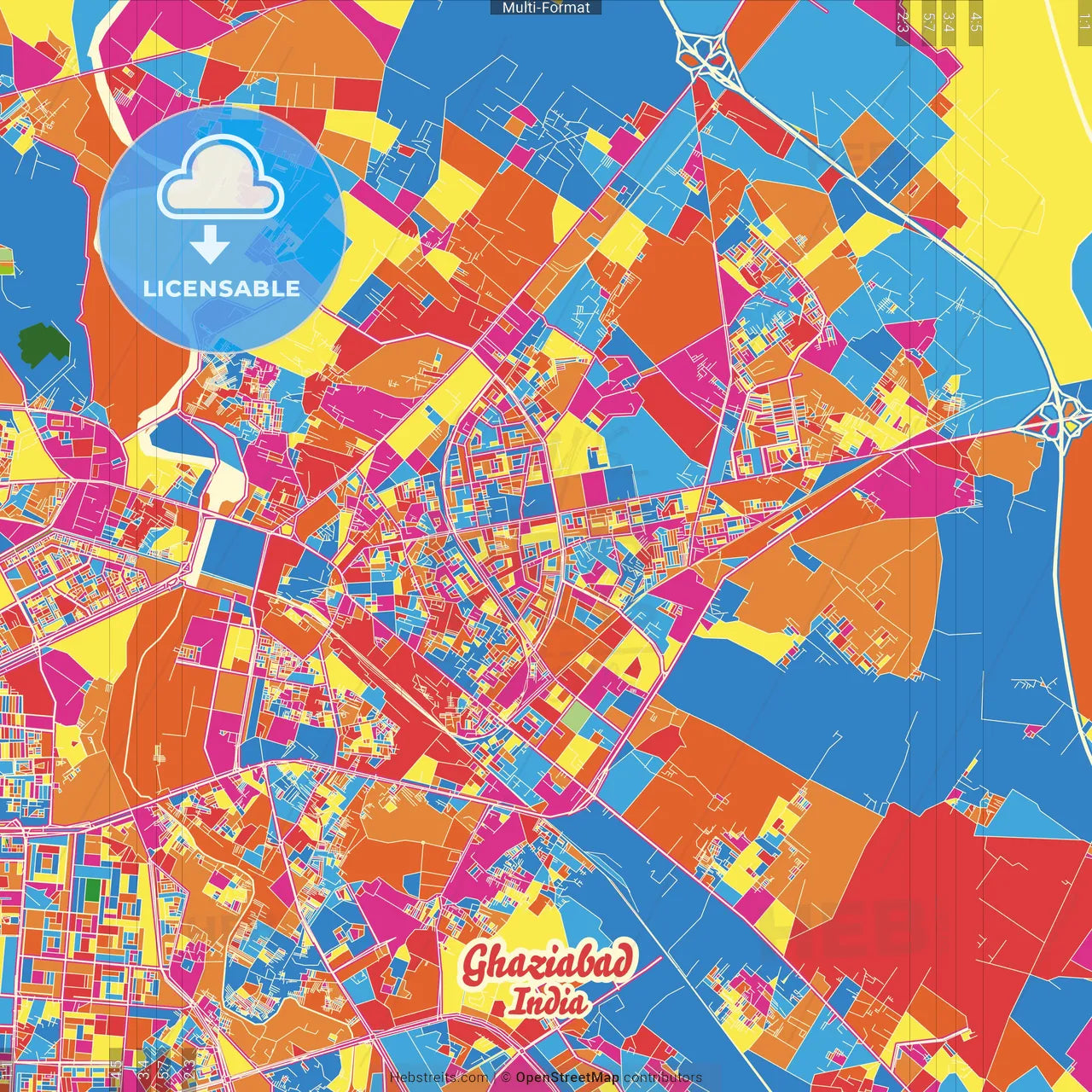 Ghaziabad, Uttar Pradesh, India Crazy Colorful Street Map Poster Template