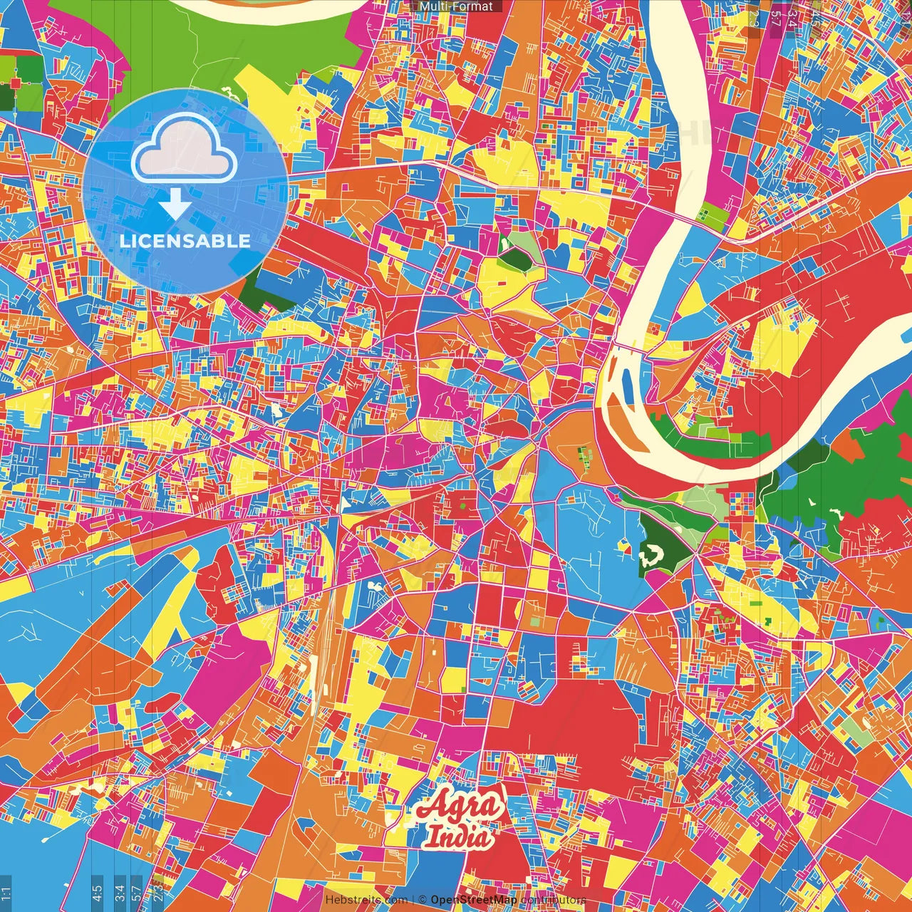 Agra, Uttar Pradesh, India Crazy Colorful Street Map Poster Template