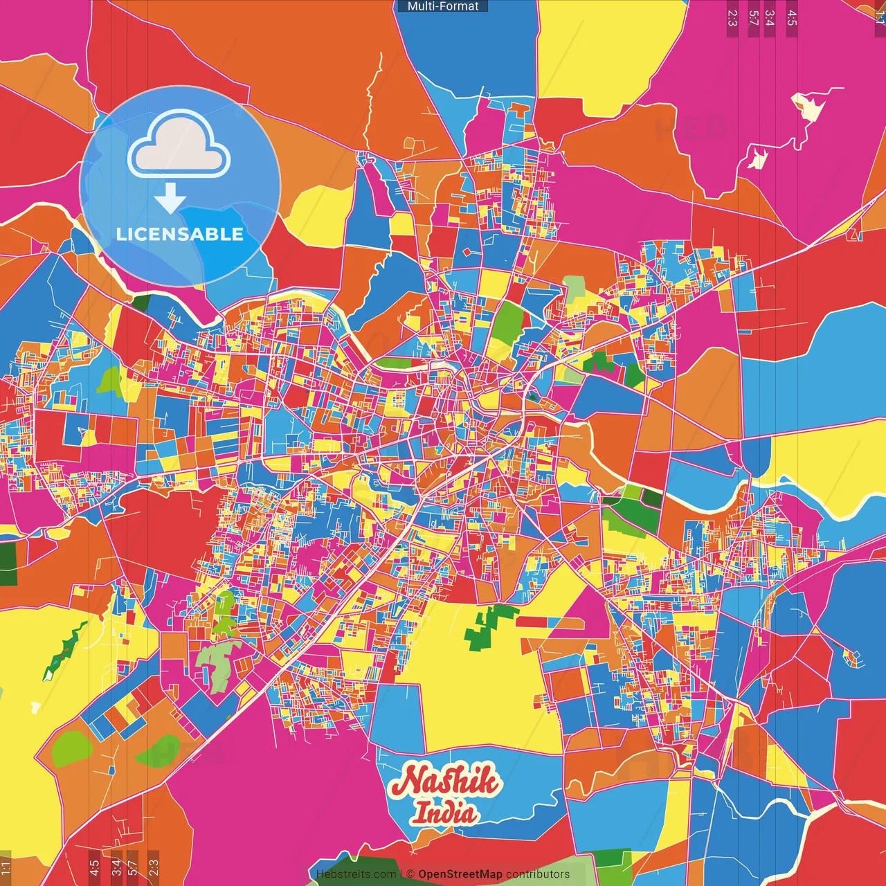 Nashik, Maharashtra, India Crazy Colorful Street Map Poster Template