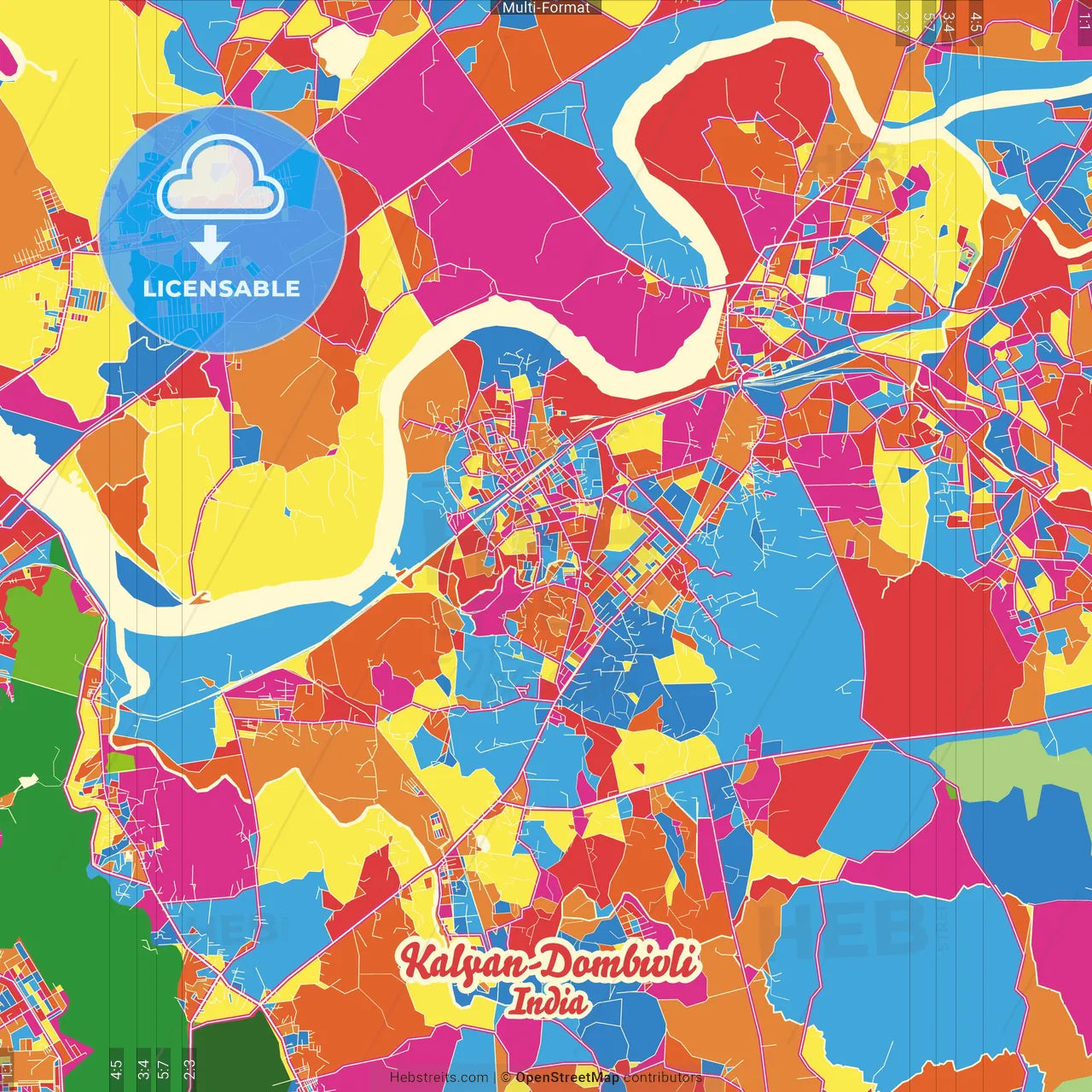 Kalyan-Dombivli, Maharashtra, India Crazy Colorful Street Map Poster Template