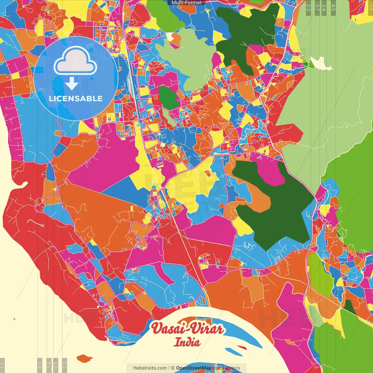 Vasai-Virar, Maharashtra, India Crazy Colorful Street Map Poster Template