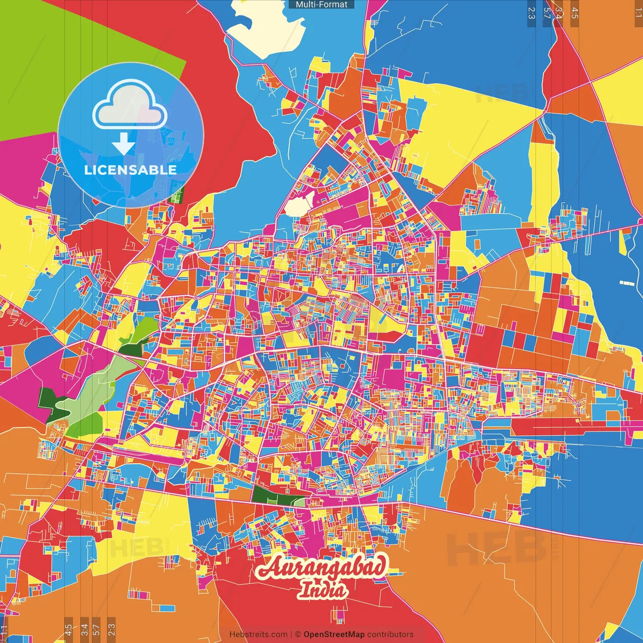 Aurangabad, Maharashtra, India Crazy Colorful Street Map Poster Template