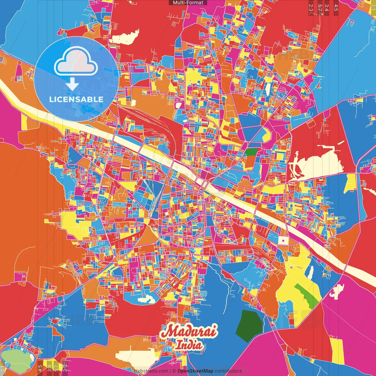 Madurai, Tamil Nadu, India Crazy Colorful Street Map Poster Template