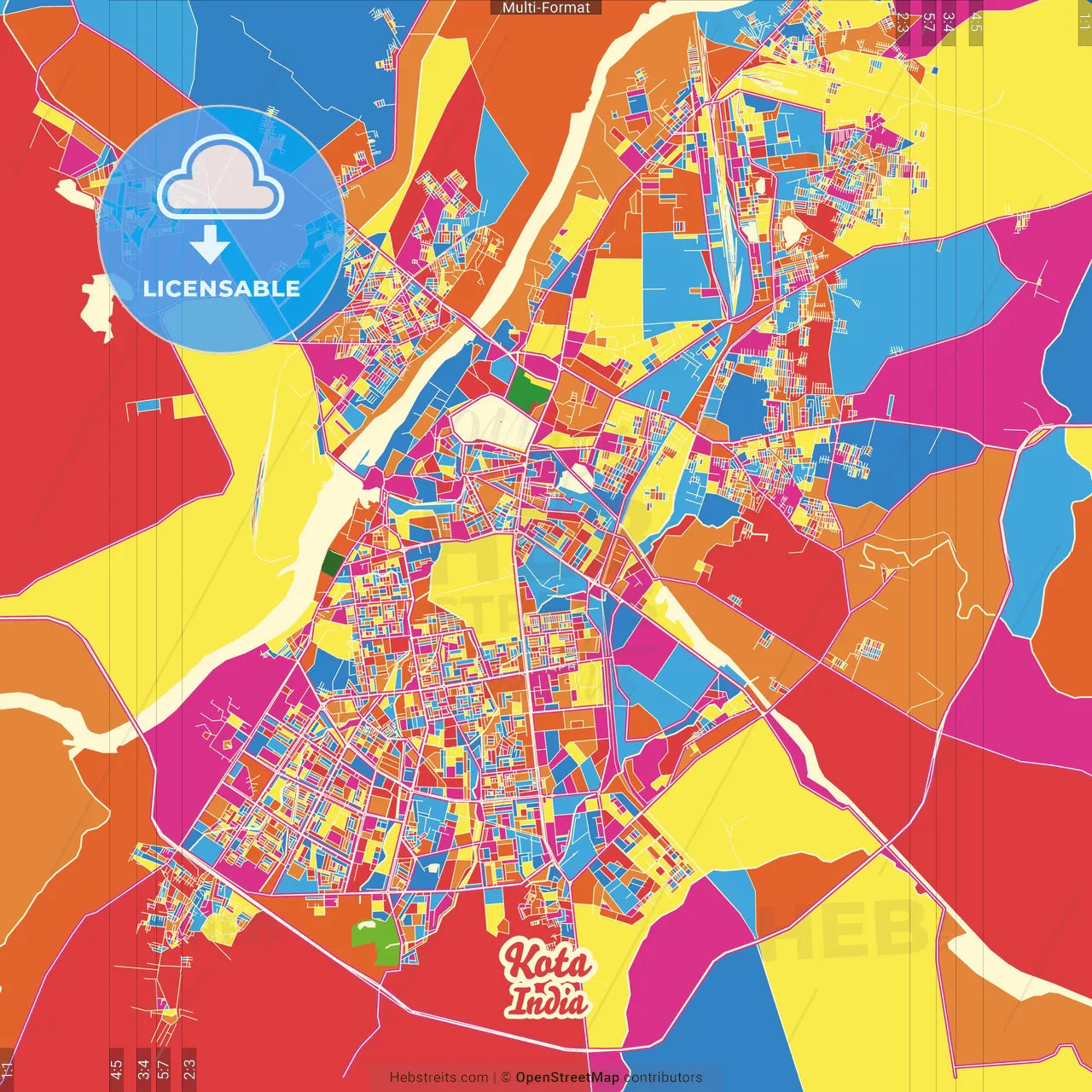 Kota, Rajasthan, India Crazy Colorful Street Map Poster Template