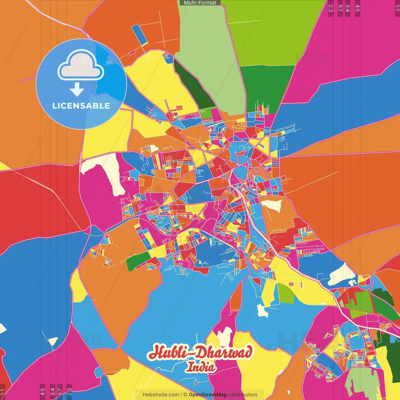 Hubli–Dharwad, Karnataka, India Crazy Colorful Street Map Poster Template