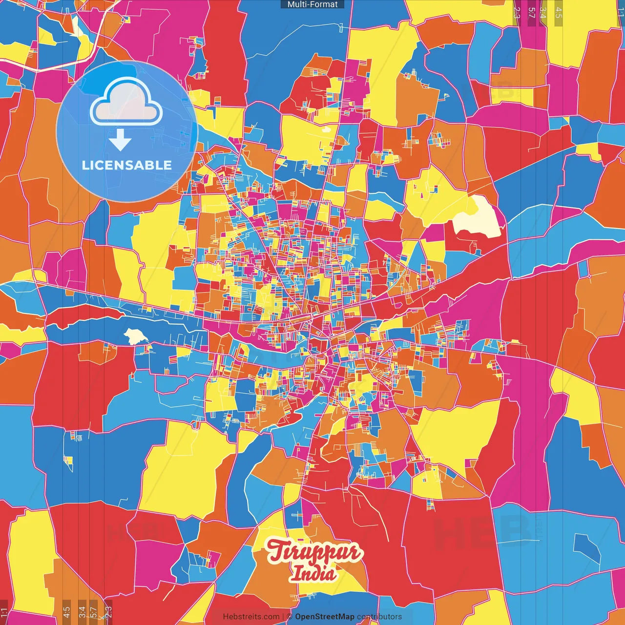 Tiruppur, Tamil Nadu, India Crazy Colorful Street Map Poster Template