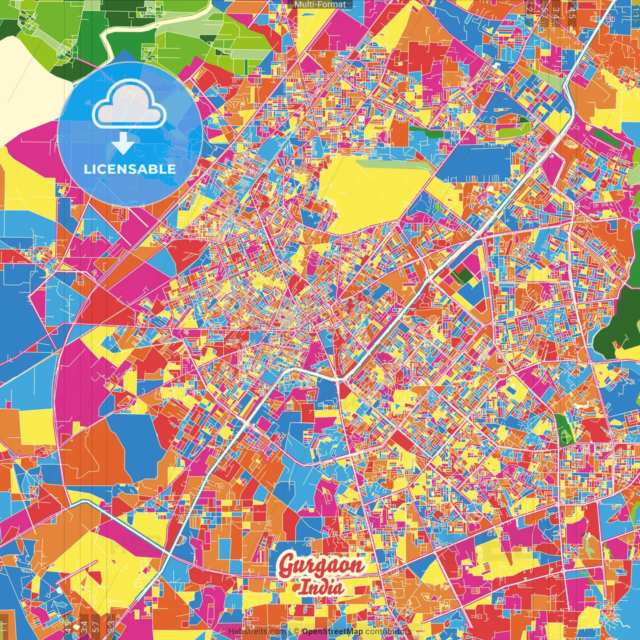 Gurgaon, Haryana, India Crazy Colorful Street Map Poster Template