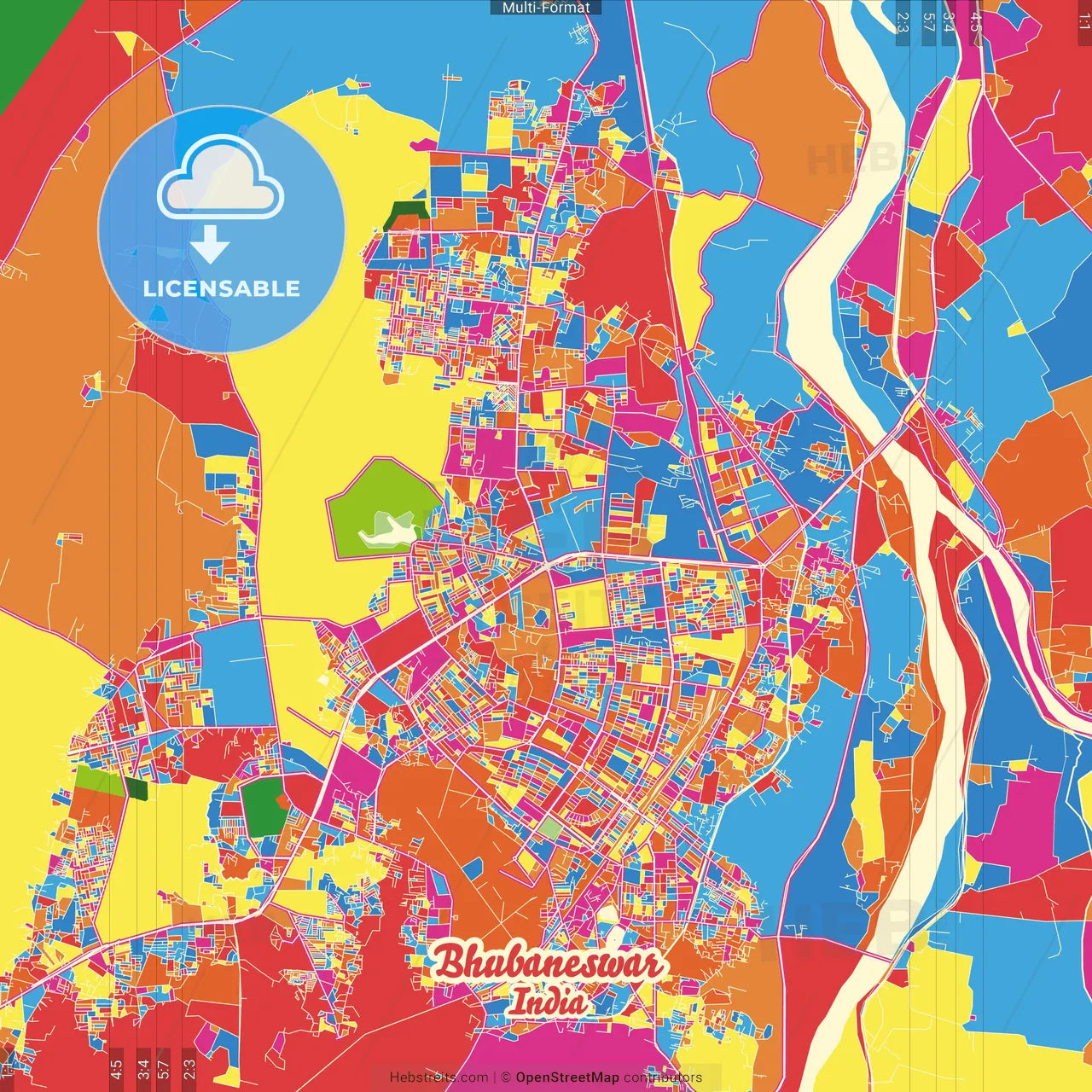 Bhubaneswar, Odisha, India Crazy Colorful Street Map Poster Template