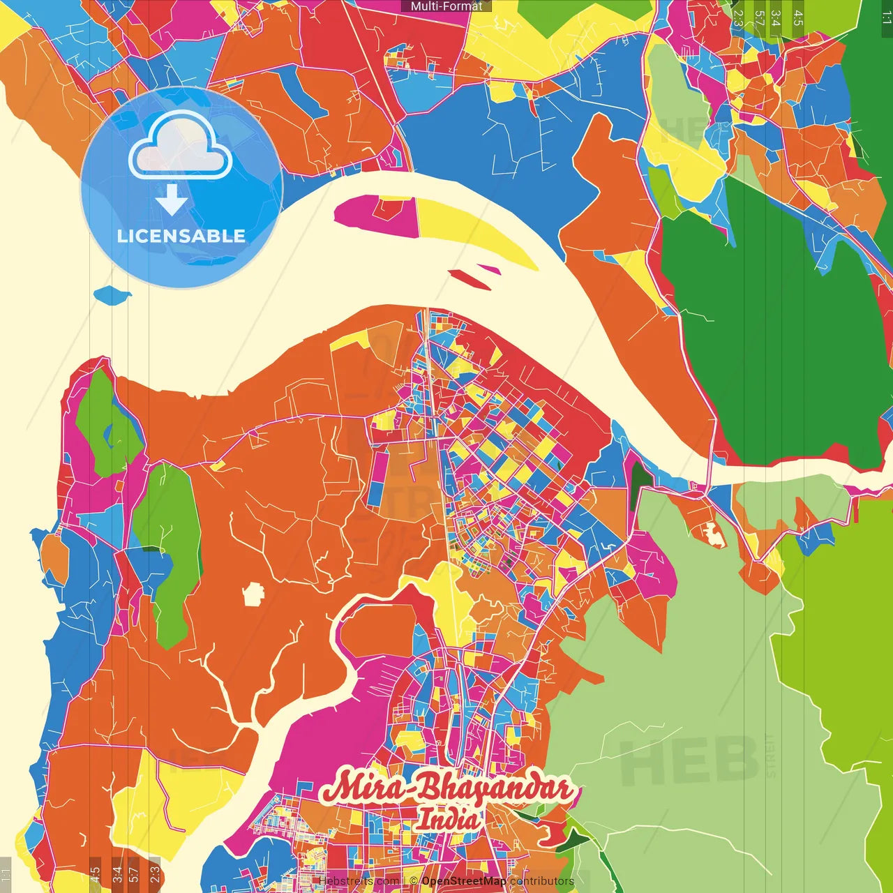 Mira-Bhayandar, Maharashtra, India Crazy Colorful Street Map Poster Template