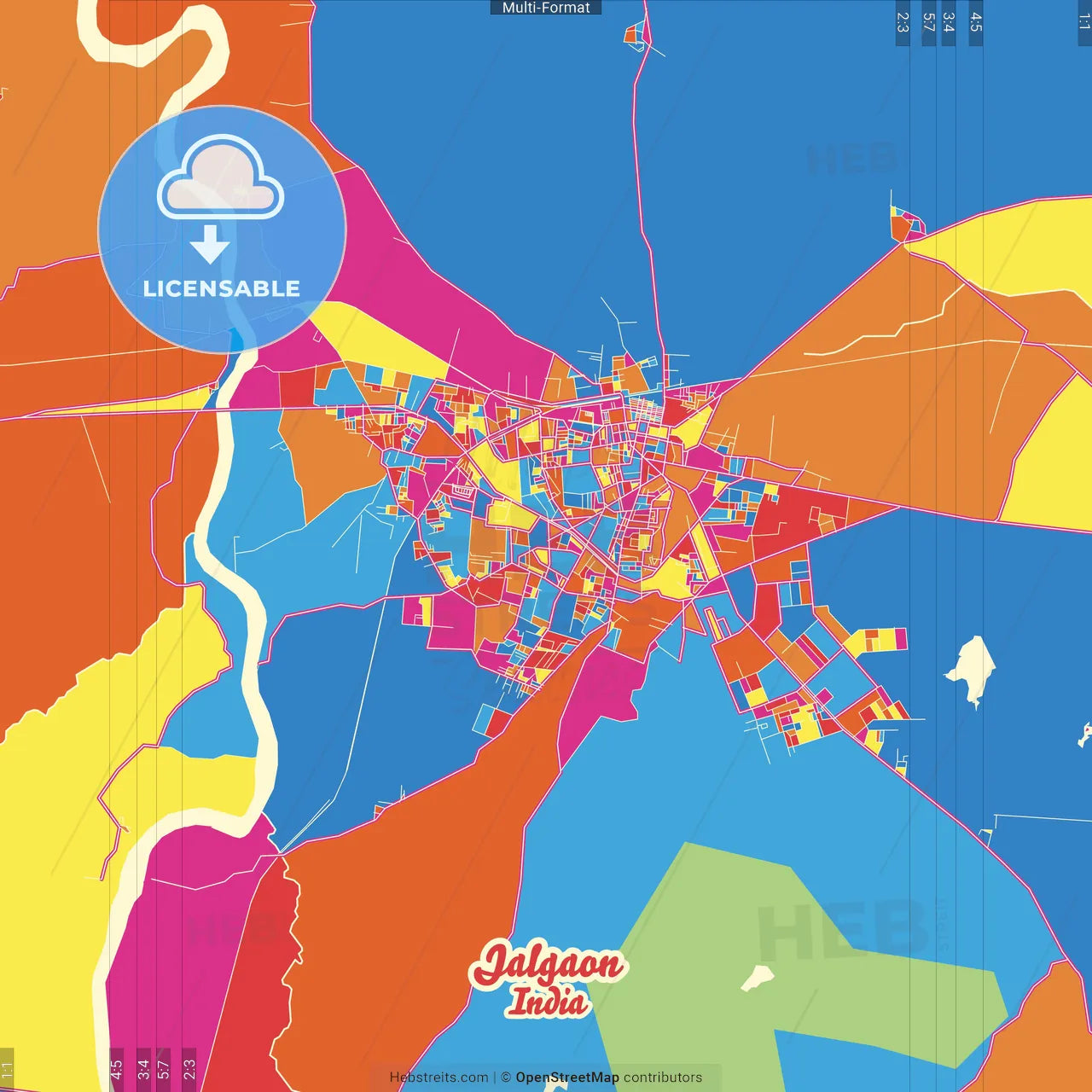 Jalgaon, Maharashtra, India Crazy Colorful Street Map Poster Template