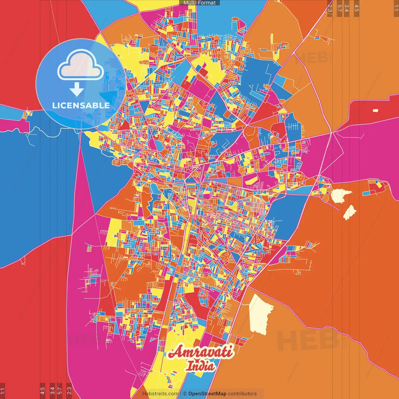 Amravati, Maharashtra, India Crazy Colorful Street Map Poster Template