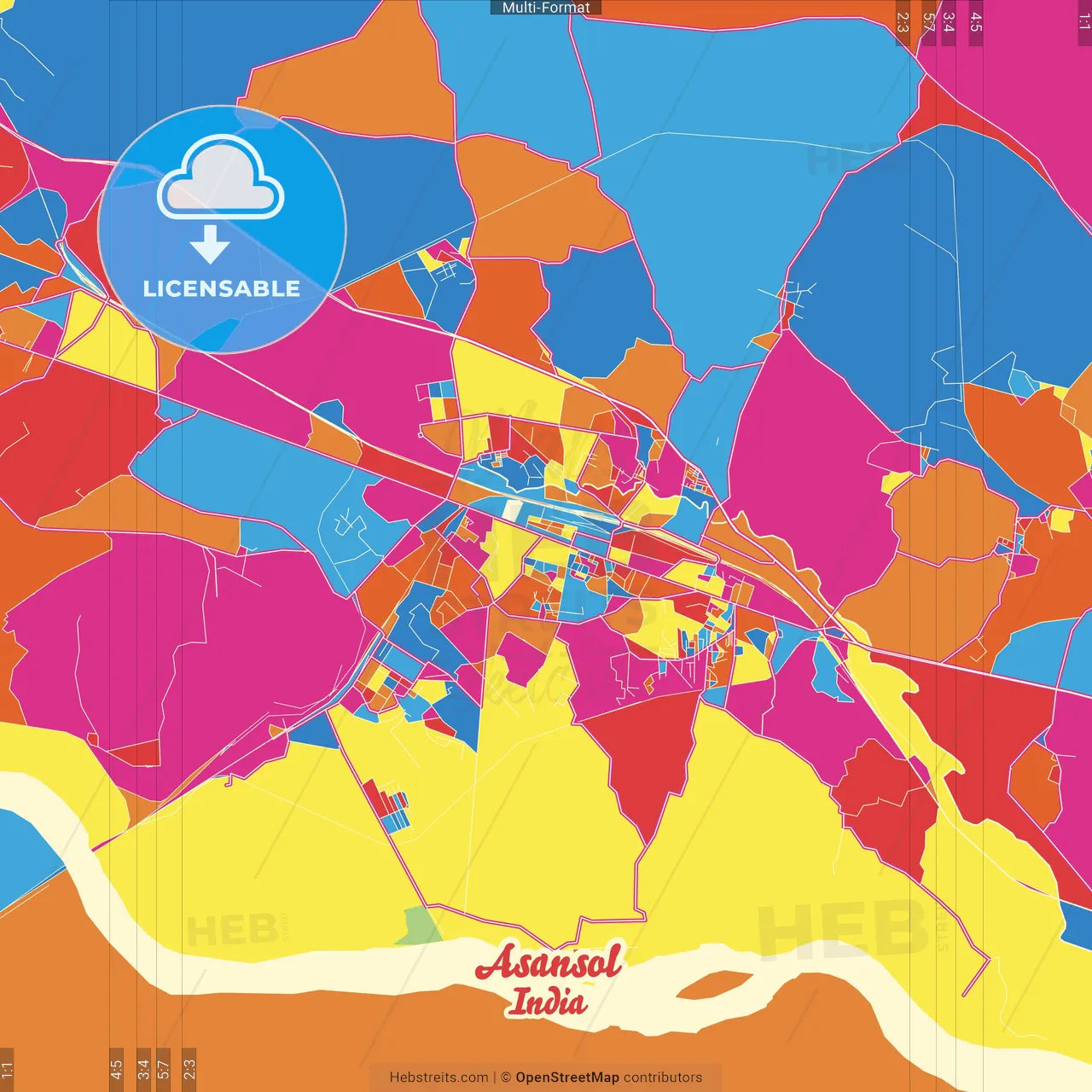 Asansol, West Bengal, India Crazy Colorful Street Map Poster Template