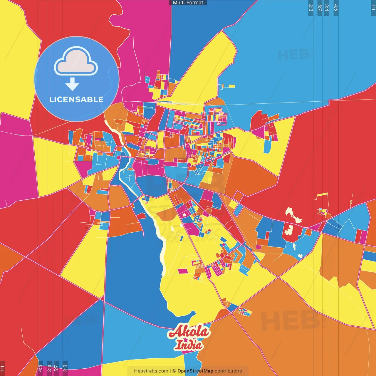 Akola, Maharashtra, India Crazy Colorful Street Map Poster Template