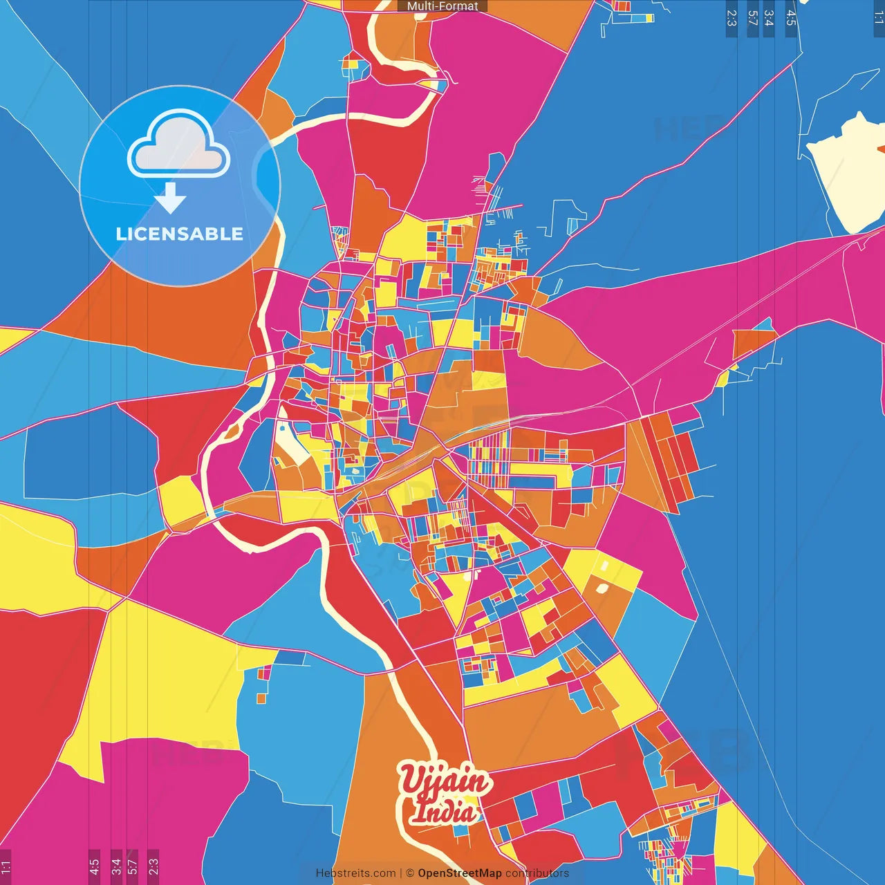 Ujjain, Madhya Pradesh, India Crazy Colorful Street Map Poster Template