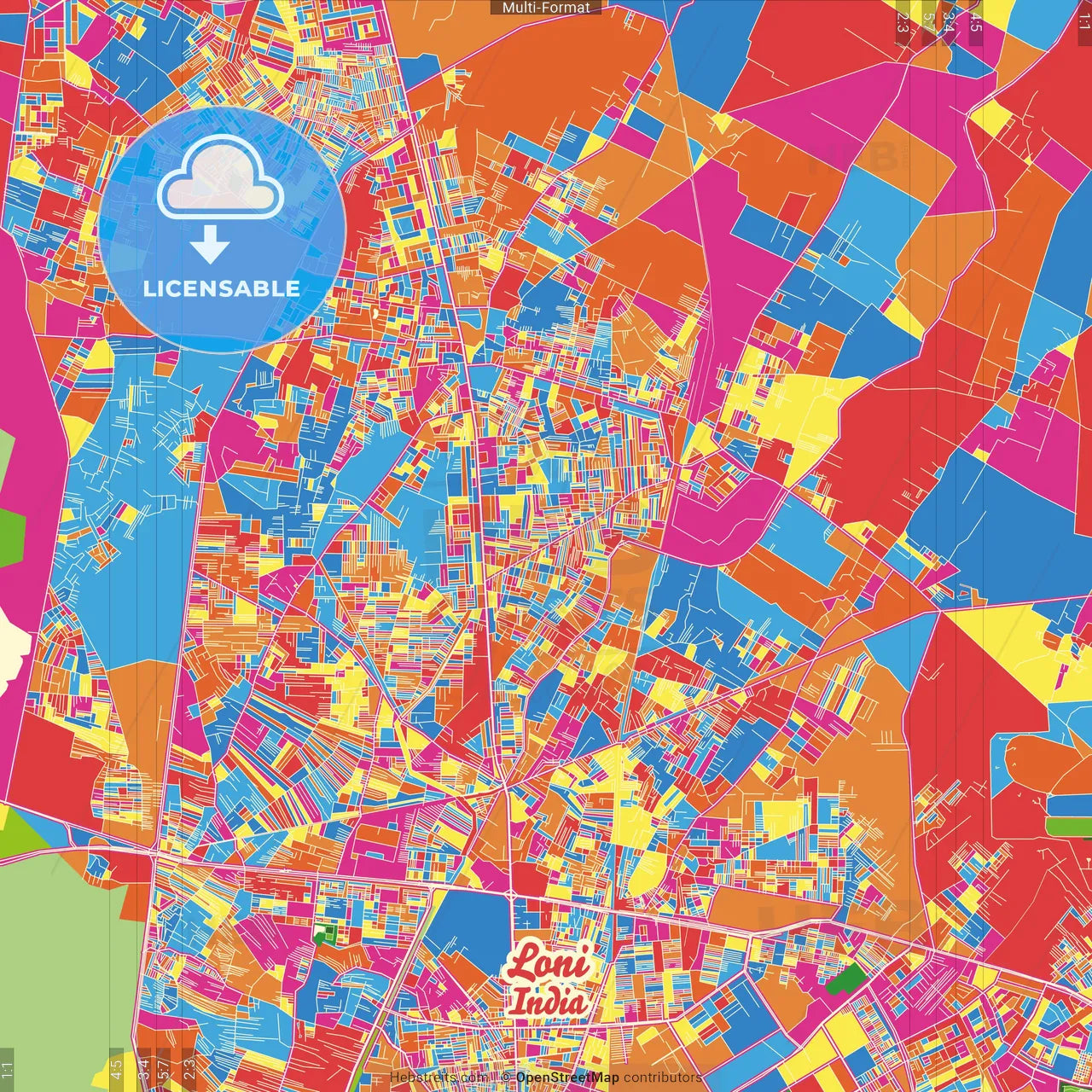 Loni, Uttar Pradesh, India Crazy Colorful Street Map Poster Template