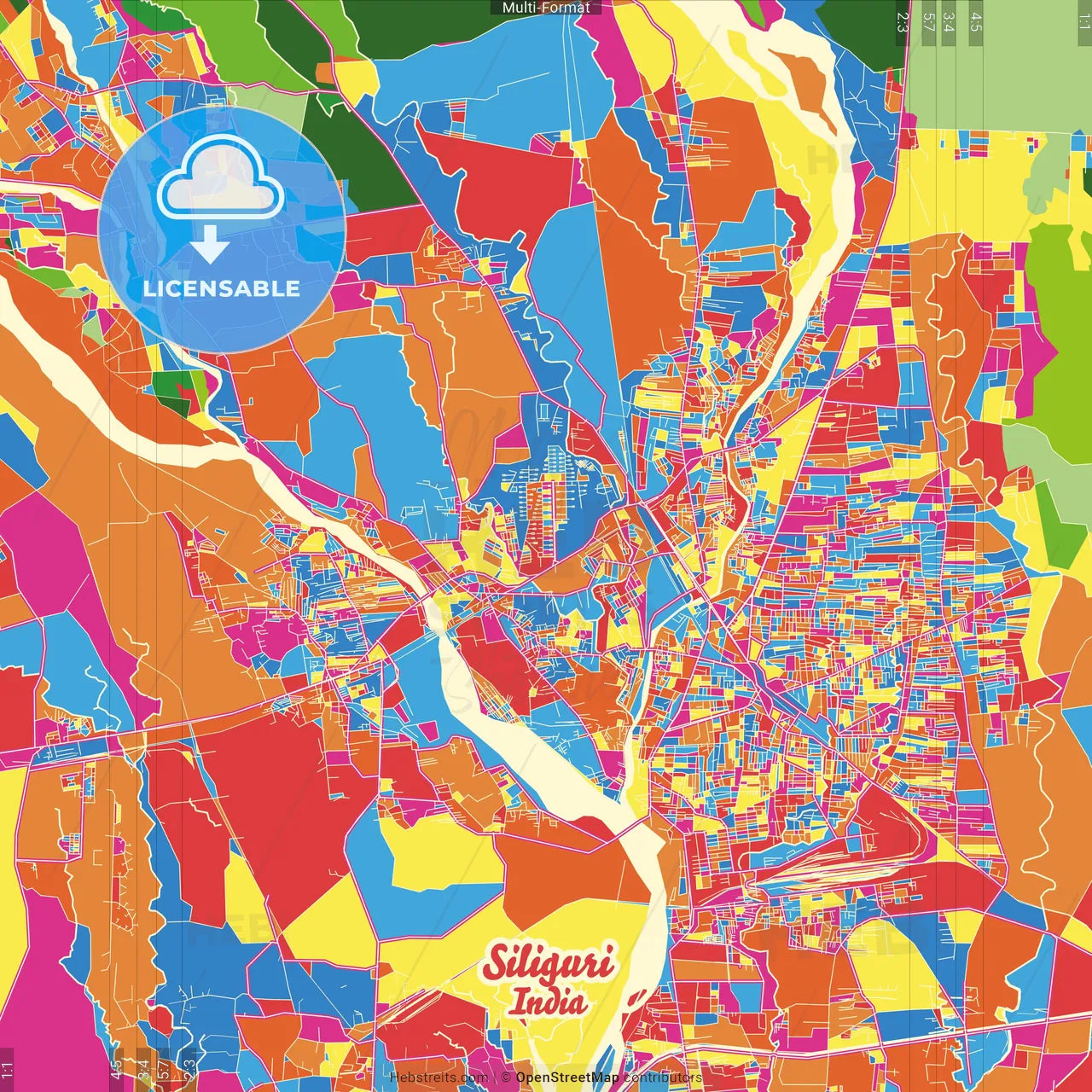 Siliguri, West Bengal, India Crazy Colorful Street Map Poster Template