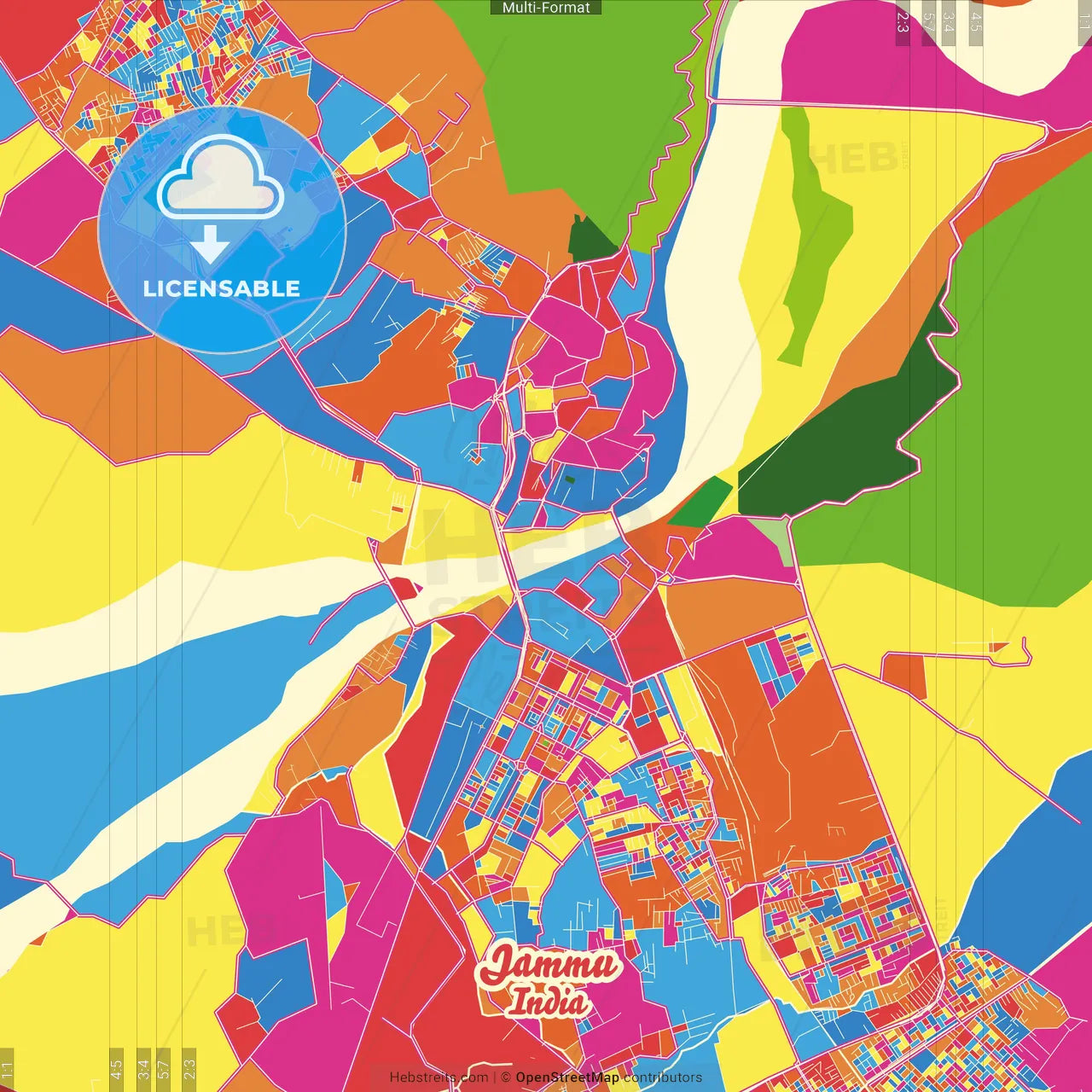Jammu, India Crazy Colorful Street Map Poster Template