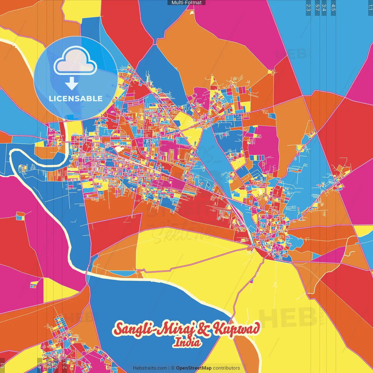 Sangli-Miraj Kupwad, Maharashtra, India Crazy Colorful Street Map Poster Template