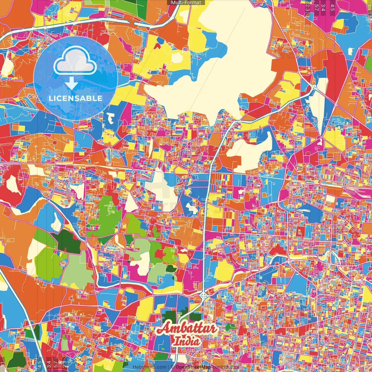 Ambattur, Tamil Nadu, India Crazy Colorful Street Map Poster Template