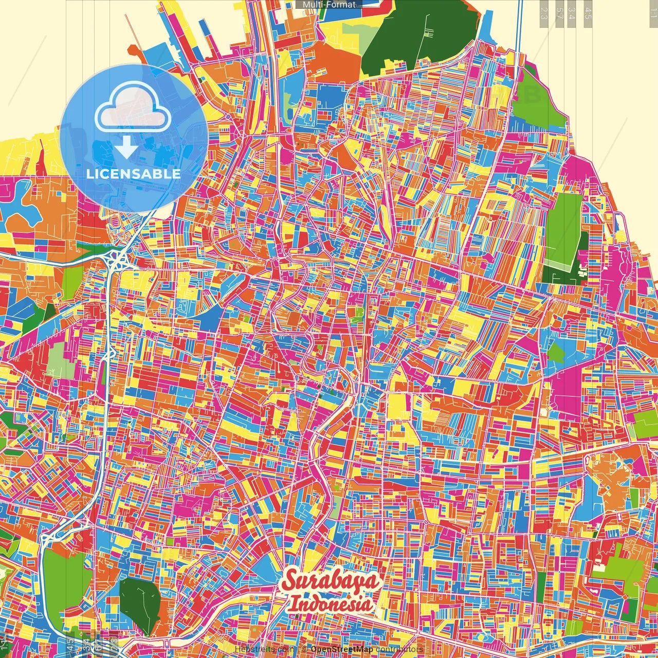 Surabaya, East Java, Indonesia Crazy Colorful Street Map Poster Template