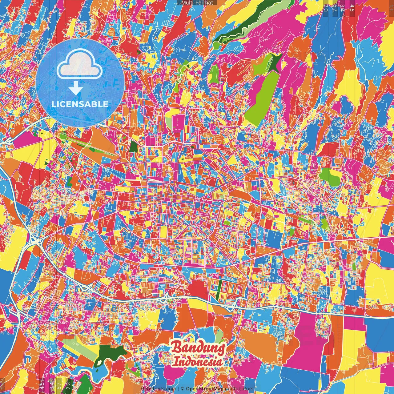 Bandung, West Java, Indonesia Crazy Colorful Street Map Poster Template
