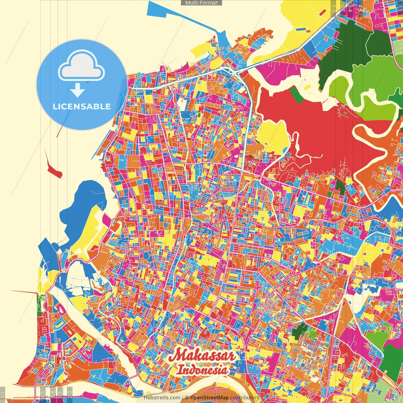 Makassar, South Sulawesi, Indonesia Crazy Colorful Street Map Poster Template