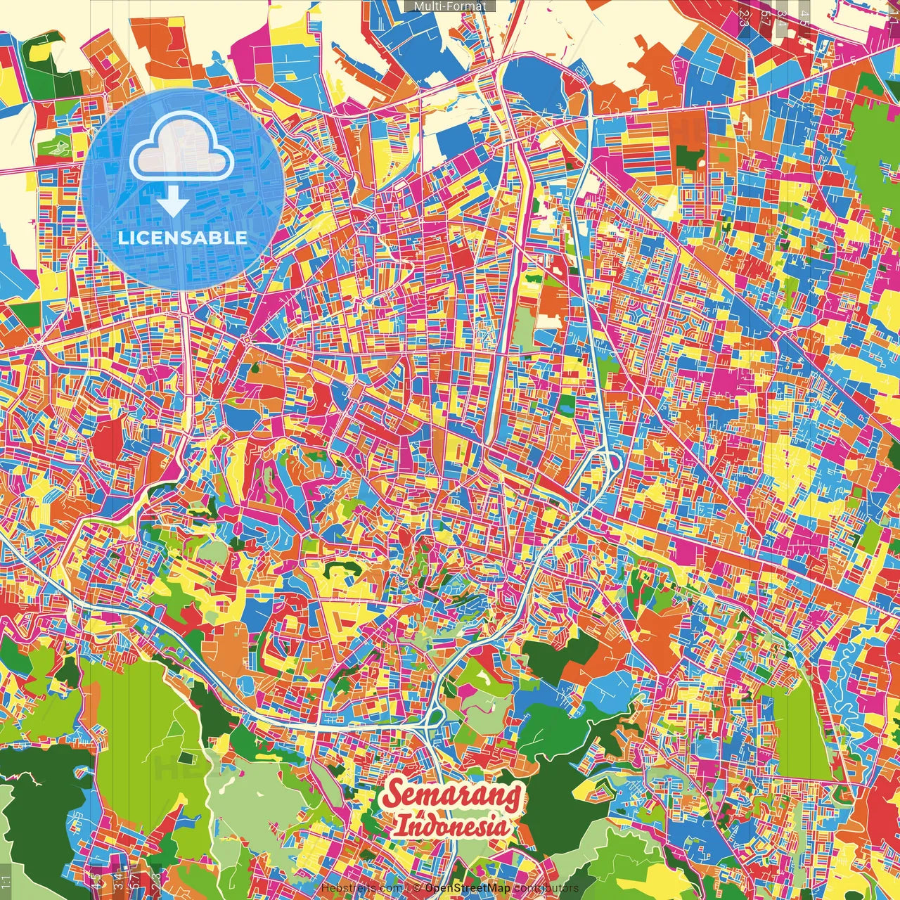 Semarang, Central Java, Indonesia Crazy Colorful Street Map Poster Template