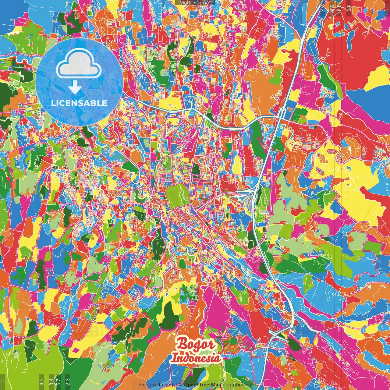 Bogor, West Java, Indonesia Crazy Colorful Street Map Poster Template