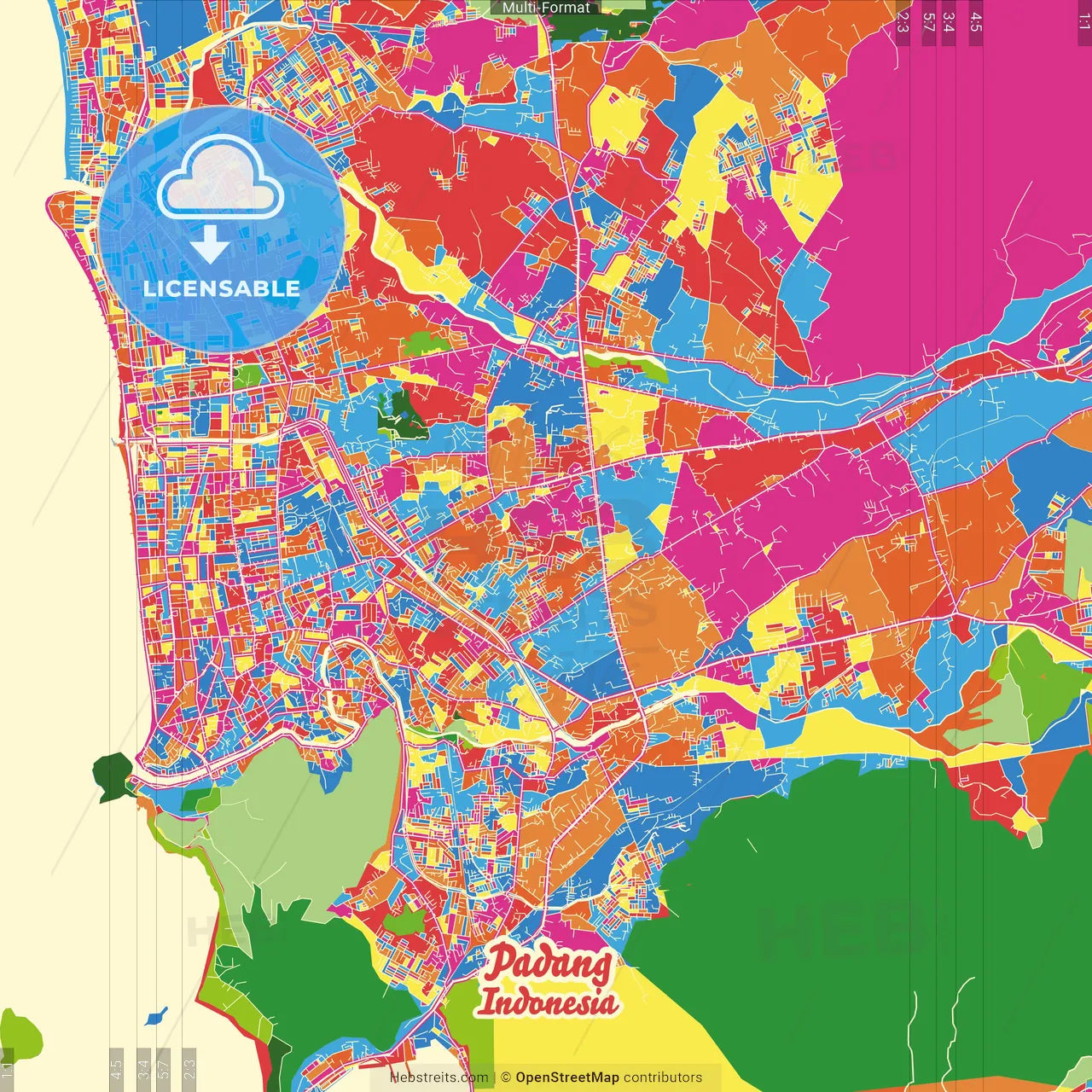 Padang, West Sumatra, Indonesia Crazy Colorful Street Map Poster Template