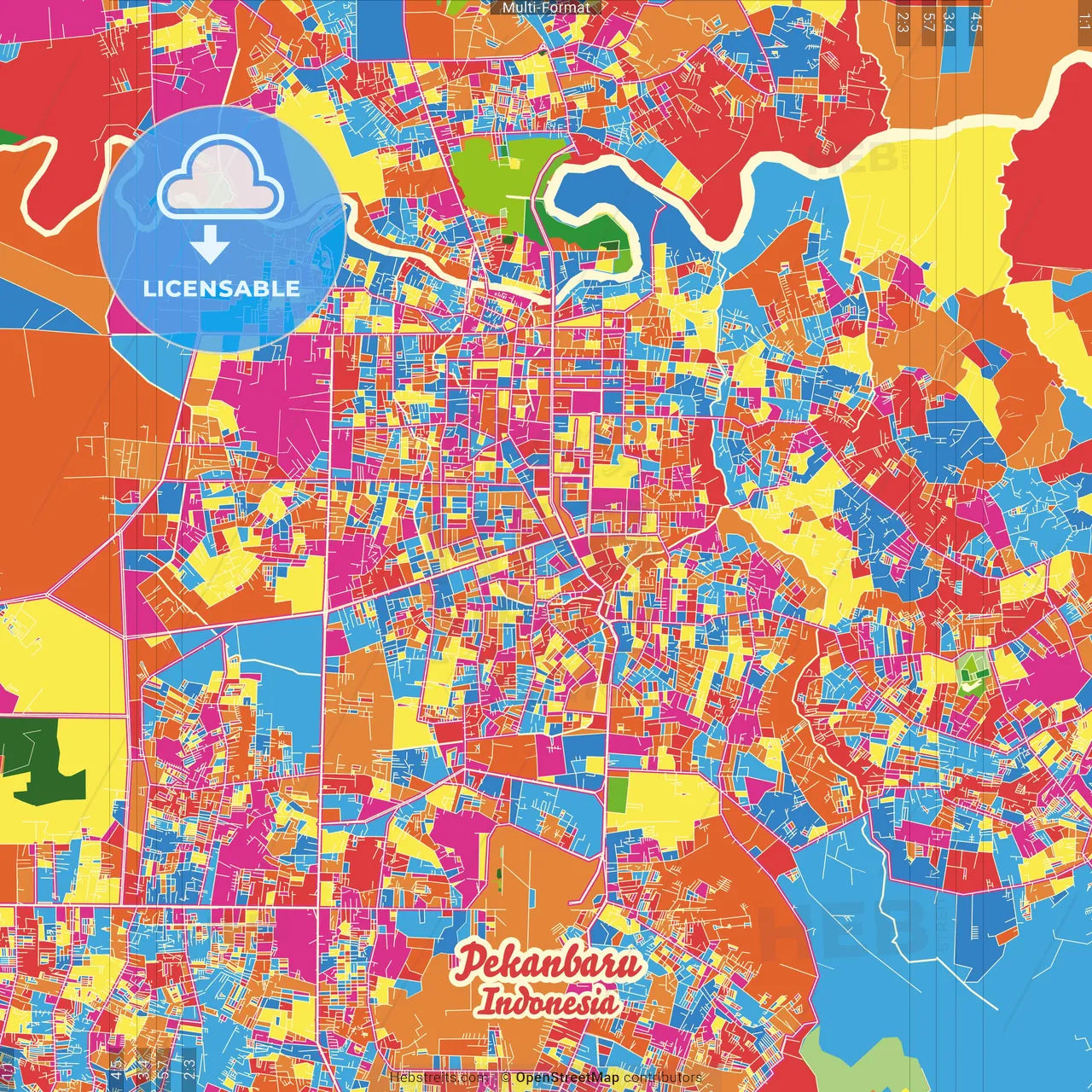 Pekanbaru, Riau, Indonesia Crazy Colorful Street Map Poster Template