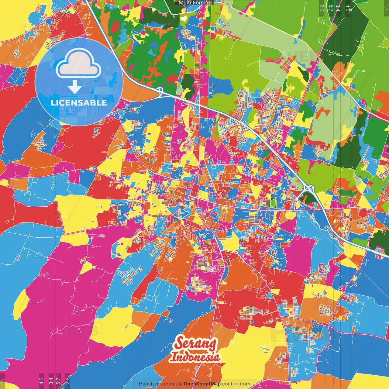 Serang, Banten, Indonesia Crazy Colorful Street Map Poster Template
