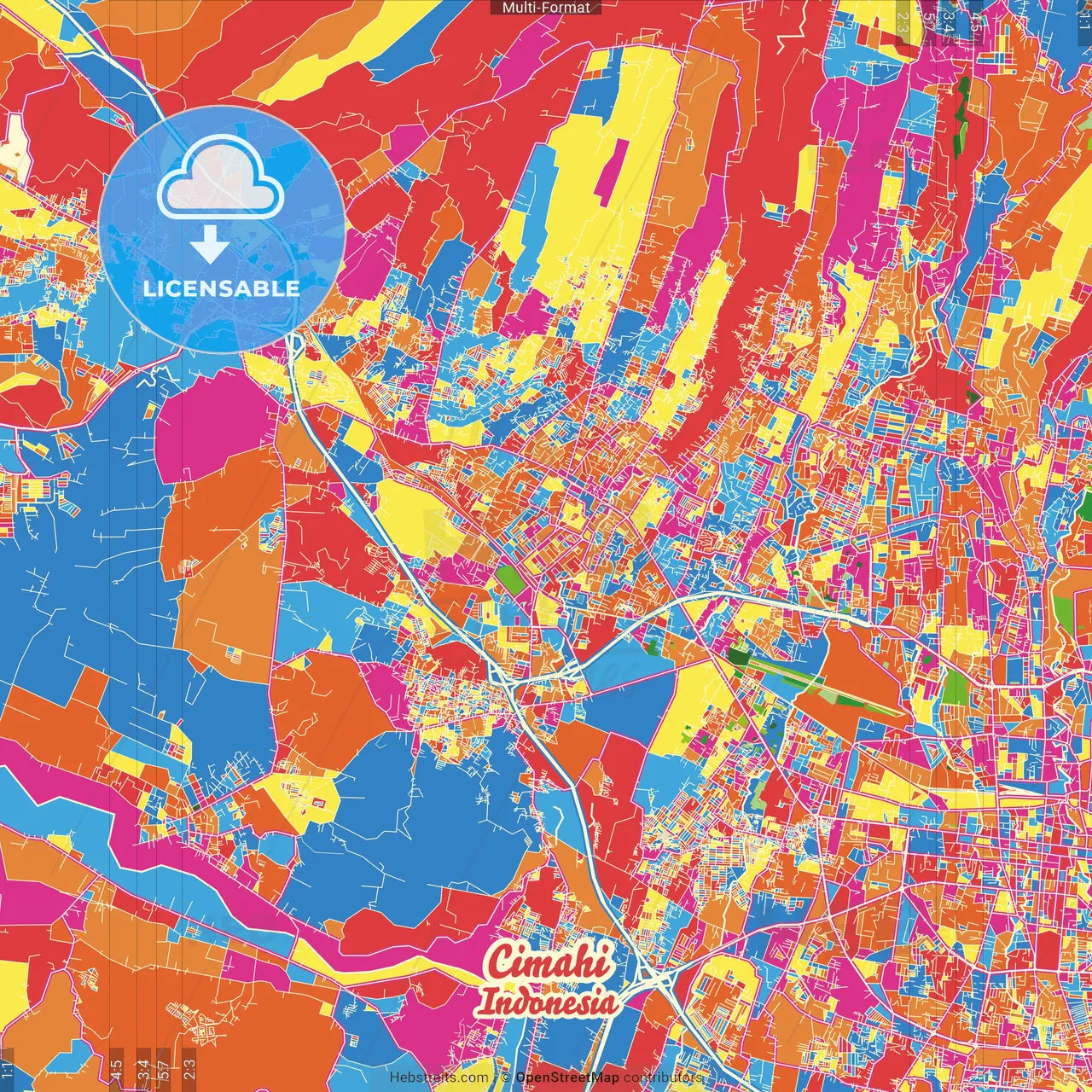 Cimahi, West Java, Indonesia Crazy Colorful Street Map Poster Template