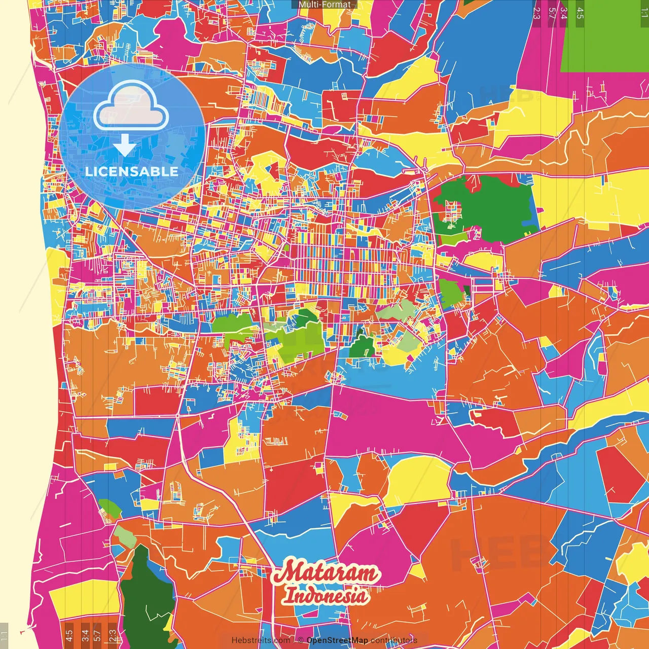 Mataram, West Nusa Tenggara, Indonesia Crazy Colorful Street Map Poster Template