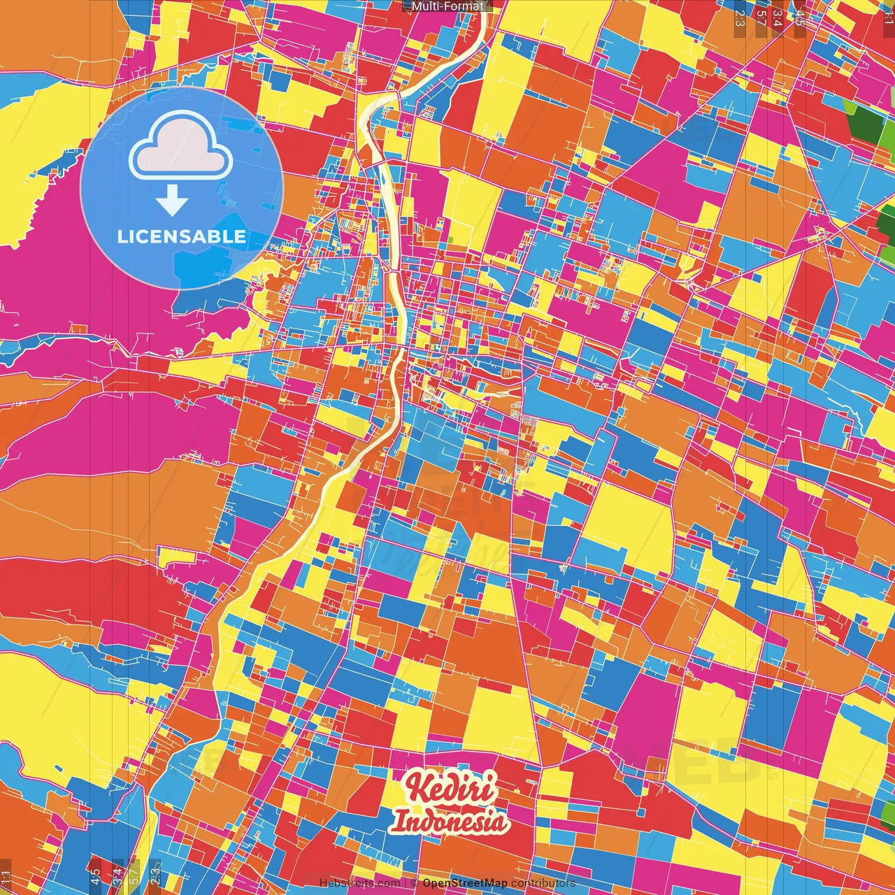 Kediri, East Java, Indonesia Crazy Colorful Street Map Poster Template