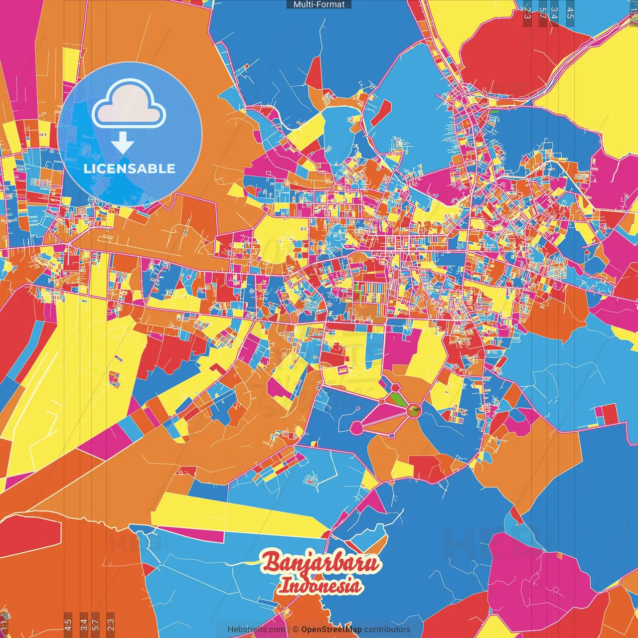 Banjarbaru, South Kalimantan, Indonesia Crazy Colorful Street Map Poster Template