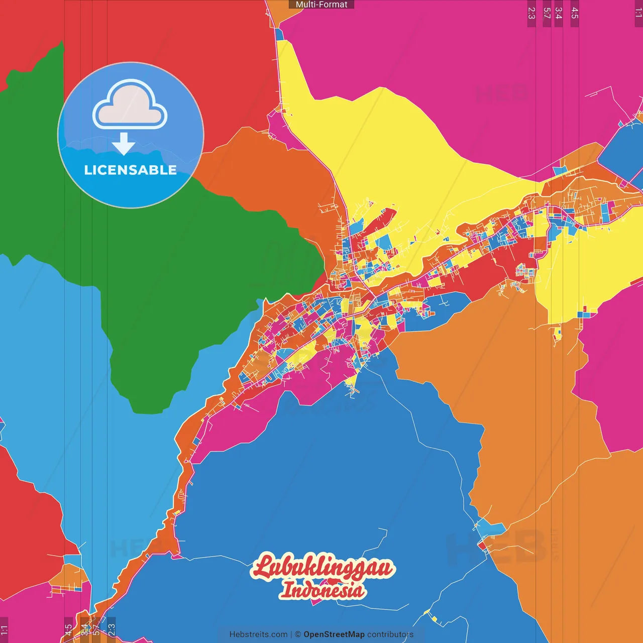 Lubuklinggau, South Sumatra, Indonesia Crazy Colorful Street Map Poster Template