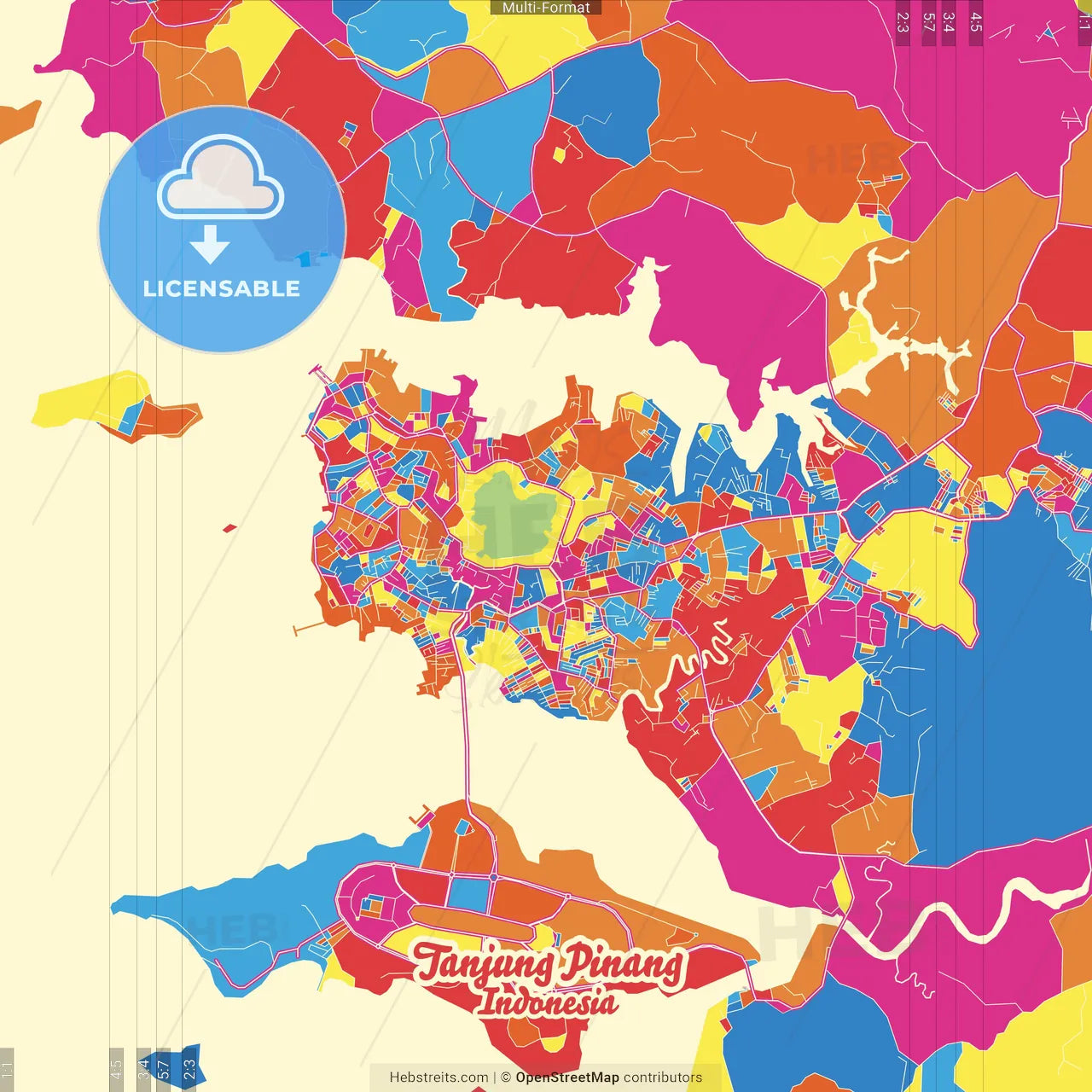 Tanjung Pinang, Kepulauan Riau, Indonesia Crazy Colorful Street Map Poster Template