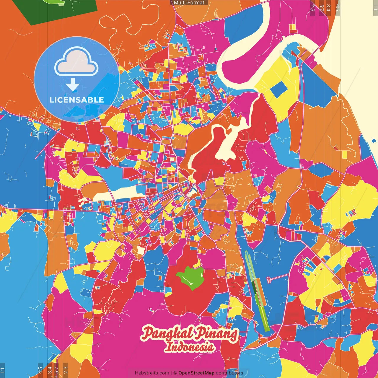 Pangkal Pinang, Bangka Belitung, Indonesia Crazy Colorful Street Map Poster Template