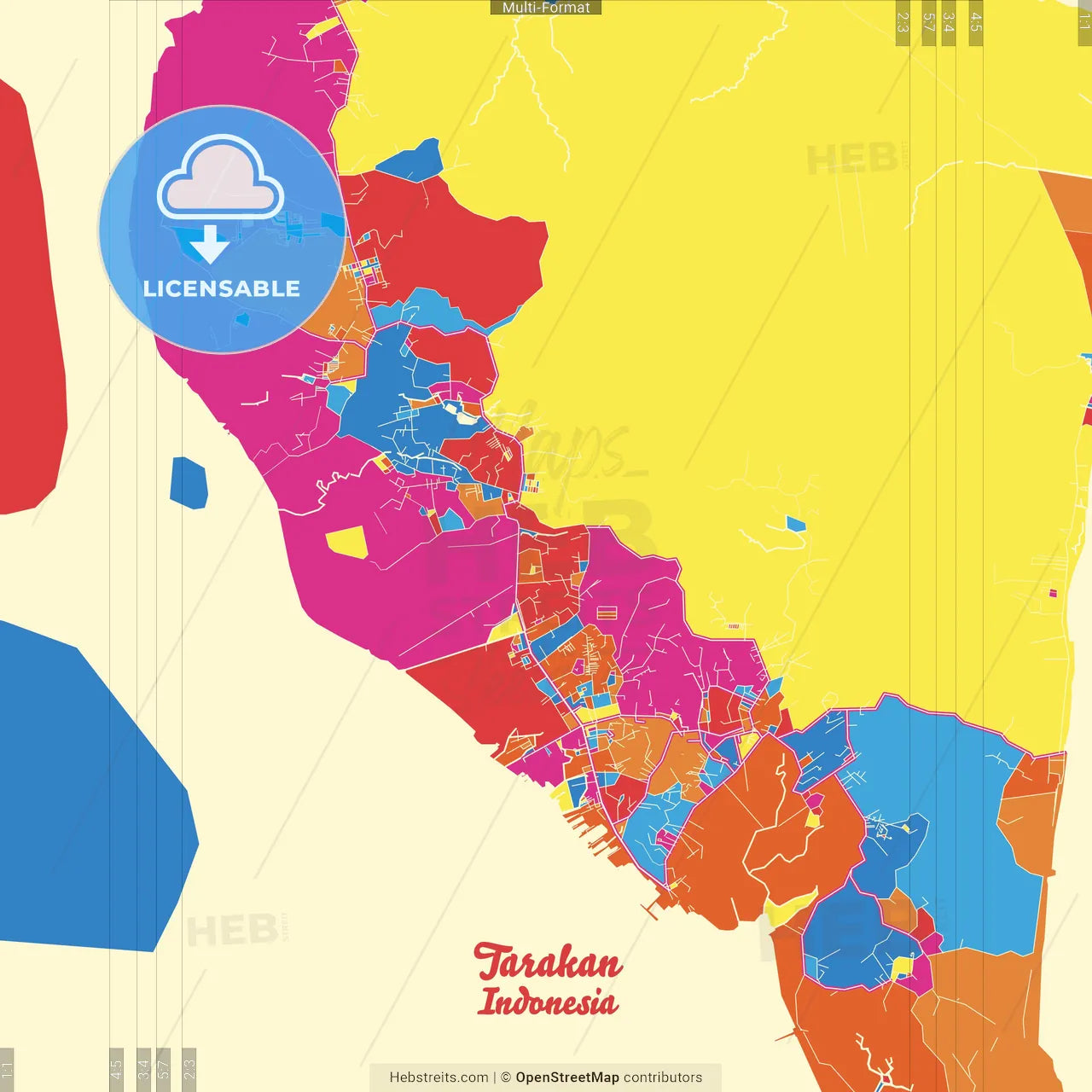 Tarakan, North Kalimantan, Indonesia Crazy Colorful Street Map Poster Template