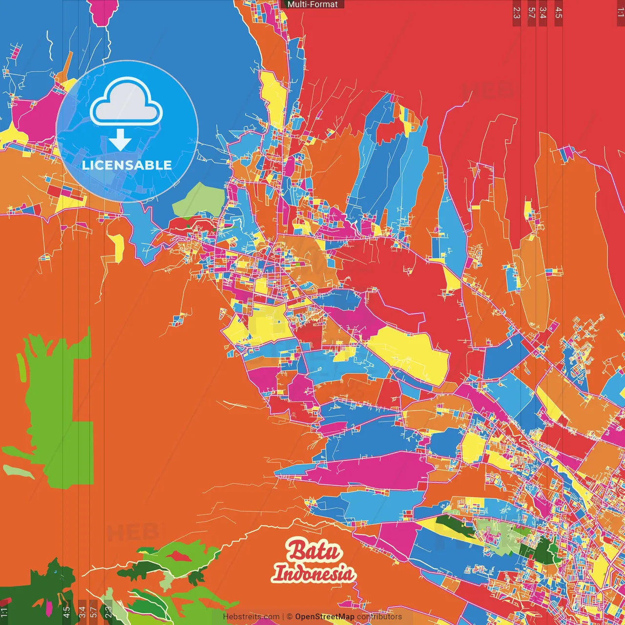 Batu, East Java, Indonesia Crazy Colorful Street Map Poster Template